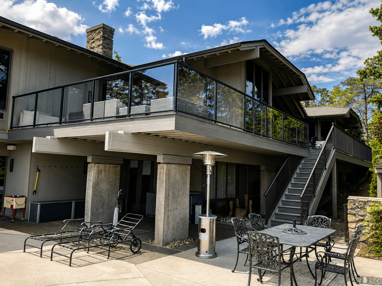 Framed glass deck railing with a black frame on an elevated deck overlooking the tree line, Yakima